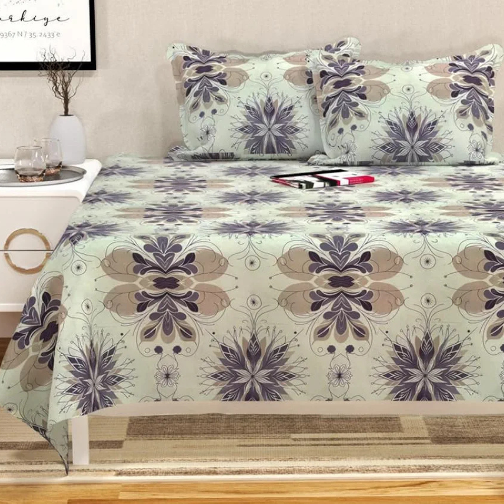 HomeKart Floral Printed Cotton Feel Double Bedsheet with 2 Pillow Covers 200 Tc Soft Premium Printed Bedsheet for Home Bedroom Off-White