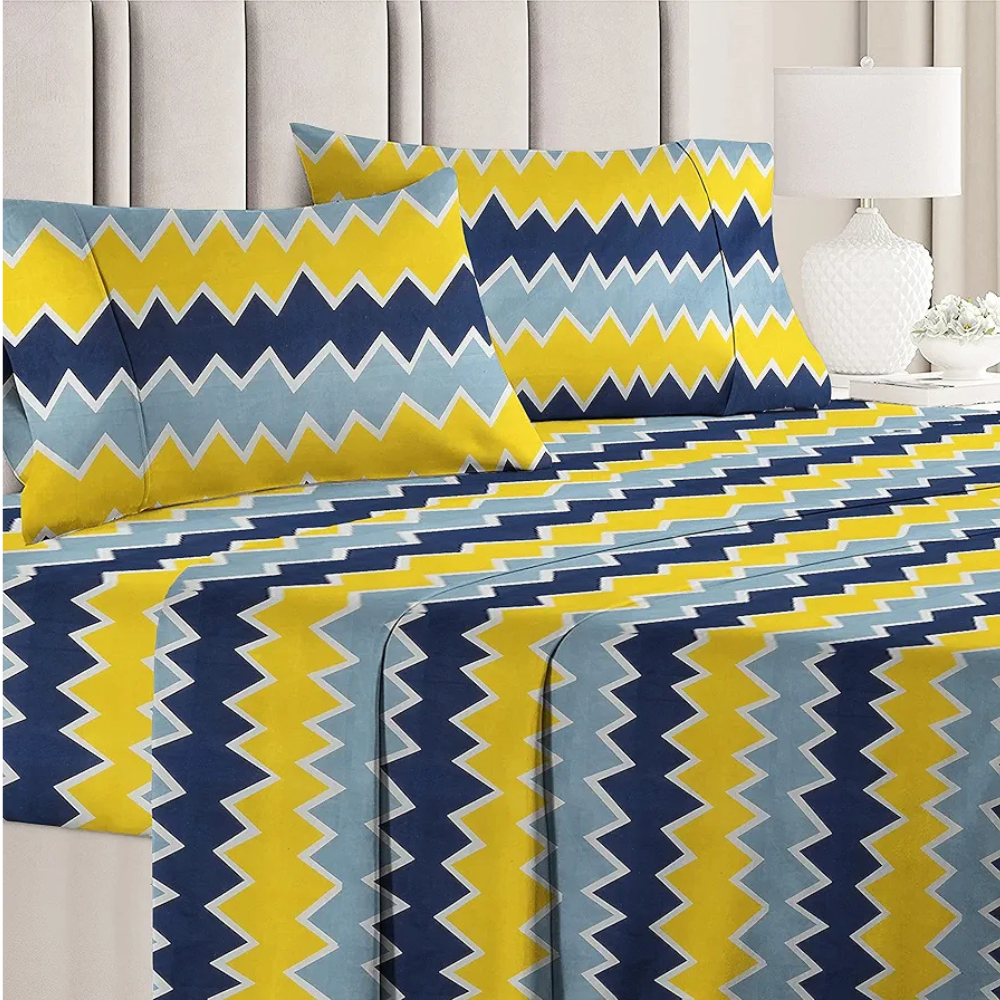 HomeKart Microfiber bedsheet for Double Bed with 2 Pillow Covers Breathable and Soft Touch 144 TC Pattren Zigzag Yellow and Grey TC 144
