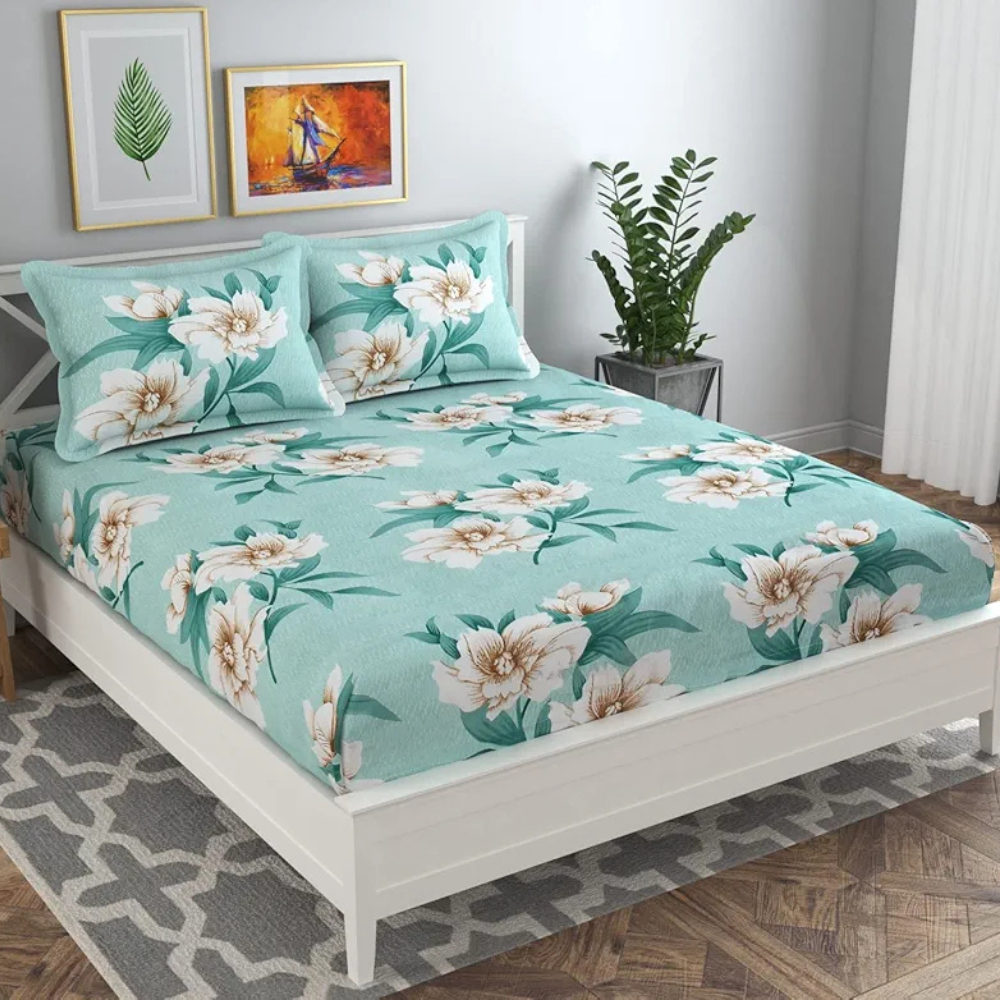 HomeKart Prime Collection Microfiber bedsheet for Double Bed with 2 Pillow Covers Breathable and Soft Touch 164 TC Pattren Floral Color Light Green and White