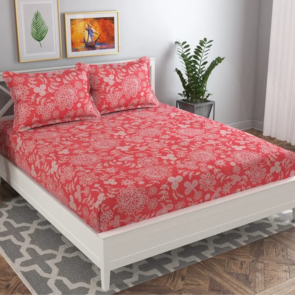 HomeKart Microfiber bedsheet for Double Bed with 2 Pillow Covers Breathable and Soft Touch 144 TC Pattren Floral Pink and White TC - 144 Floral Pink and White
