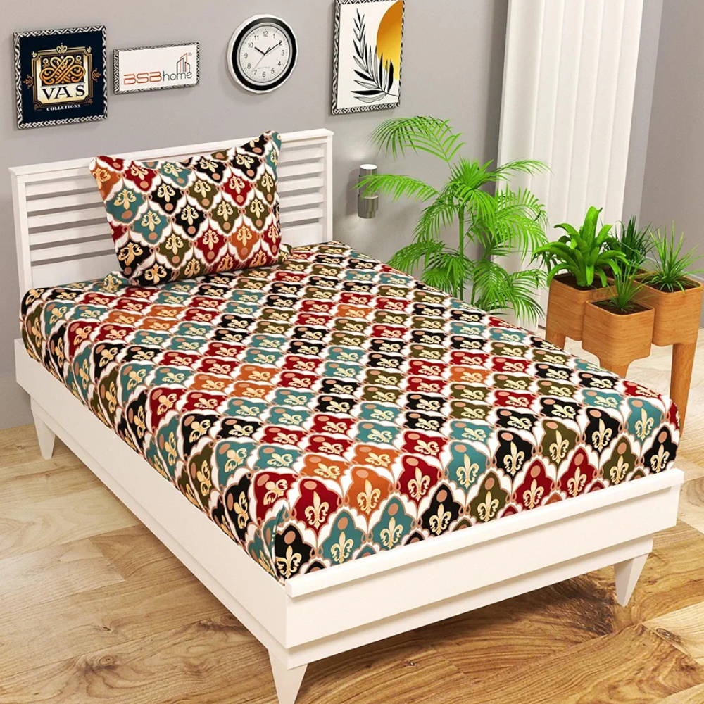 HomeKart 144 Tc Microfiber Jaipuri Single Bedsheet  with Pillow Cover for Your Home Multicolour Red & Grey