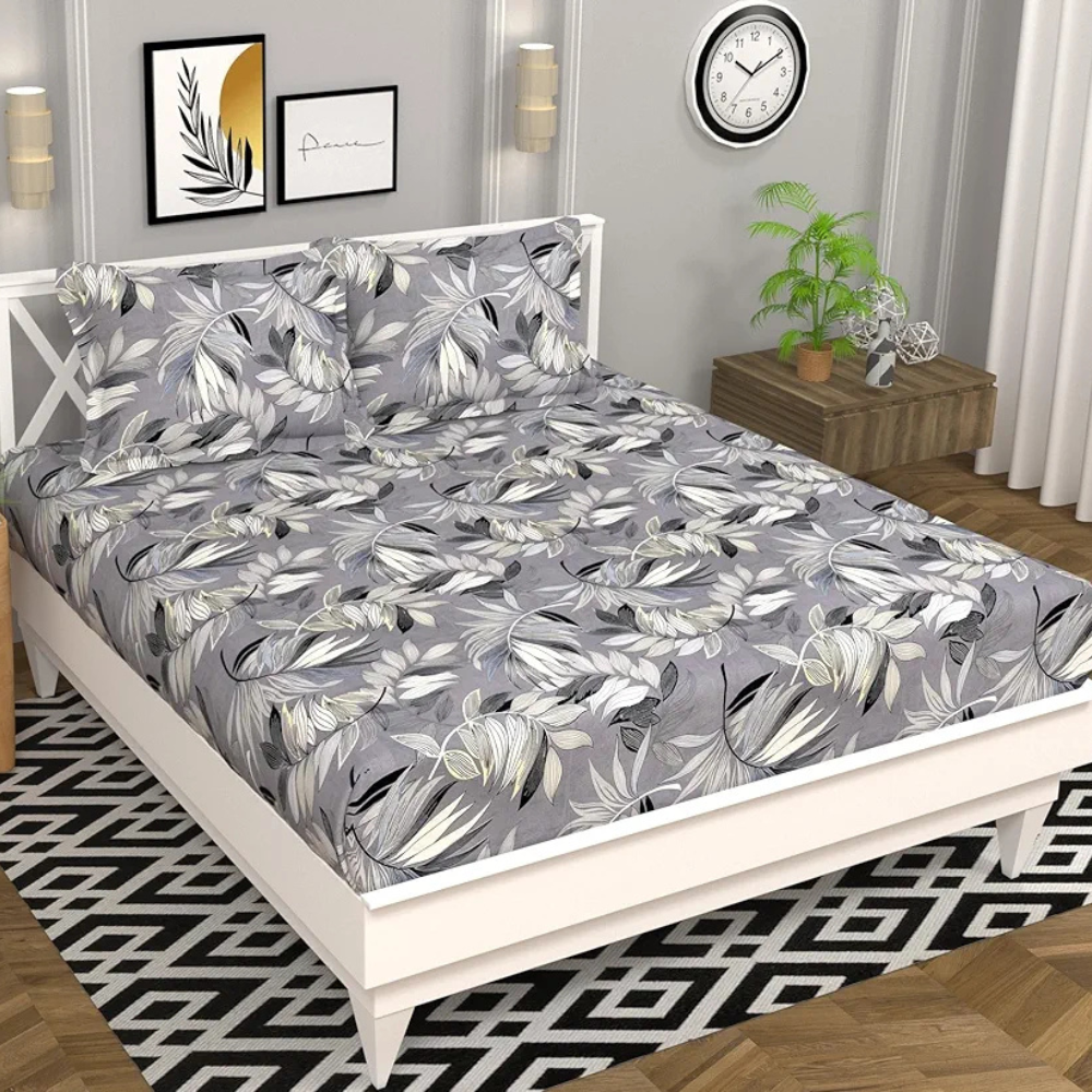 HomeKart Prime Collection Microfiber bedsheet for Double Bed with 2 Pillow Covers Breathable and Soft Touch 164 TC Pattren Floral Color Silver and White