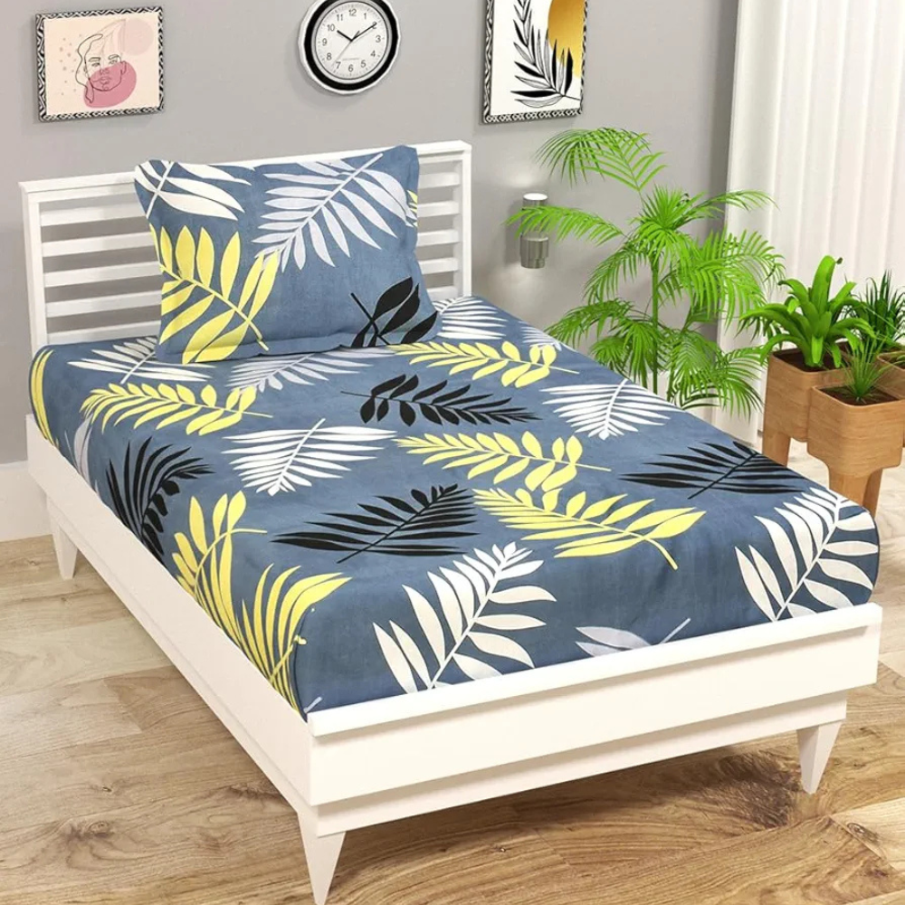 HomeKart Premium Microfiber 144 TC Flat Single Bedsheets Breathable Wrinklefree  with 1 Pillow Cover TC 144 Grey & Mustarded
