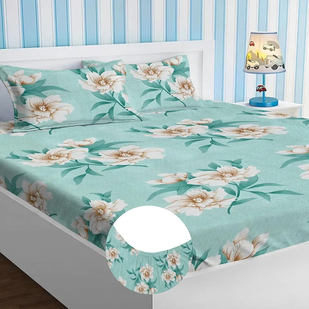 Homekart Premium Cotton Elastic Fitted Bedsheets with 2 King Size Pillow Covers Double Bed Flower Print Light Green 200 tc - 220 tc