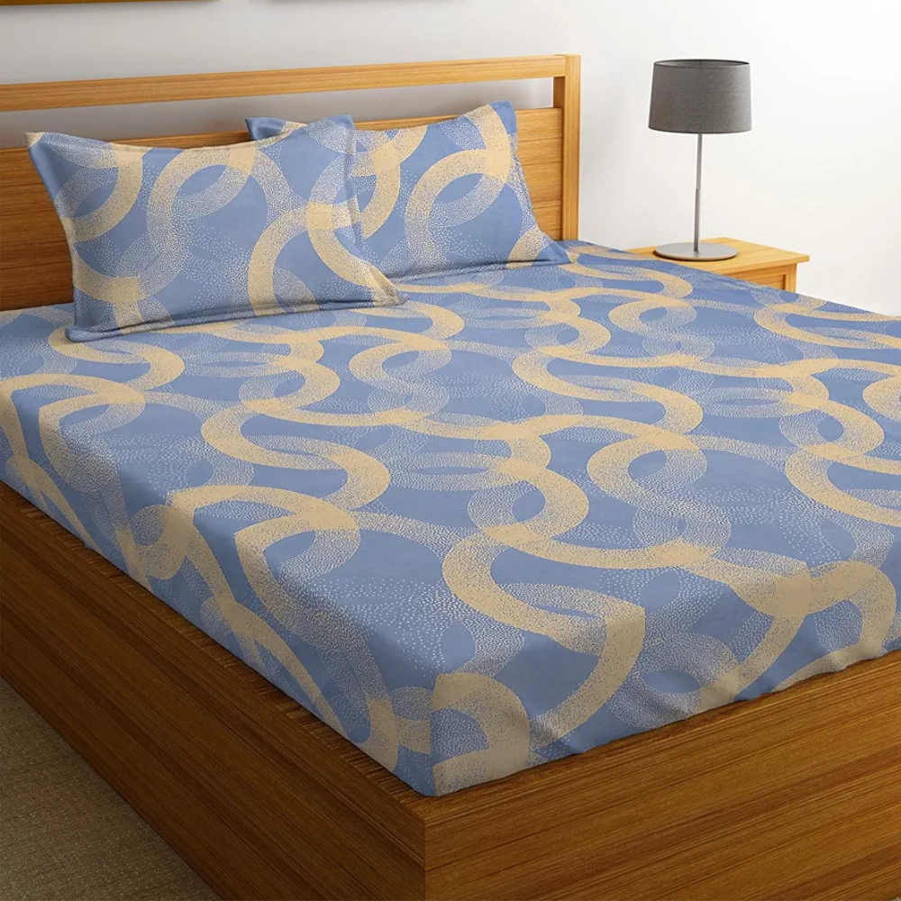 Homekart Cotton Elastic Fitted Printed Bedsheets with 2 King Size Pillow Covers Double Bed Weaves Print Silver and Beige - 220 tc