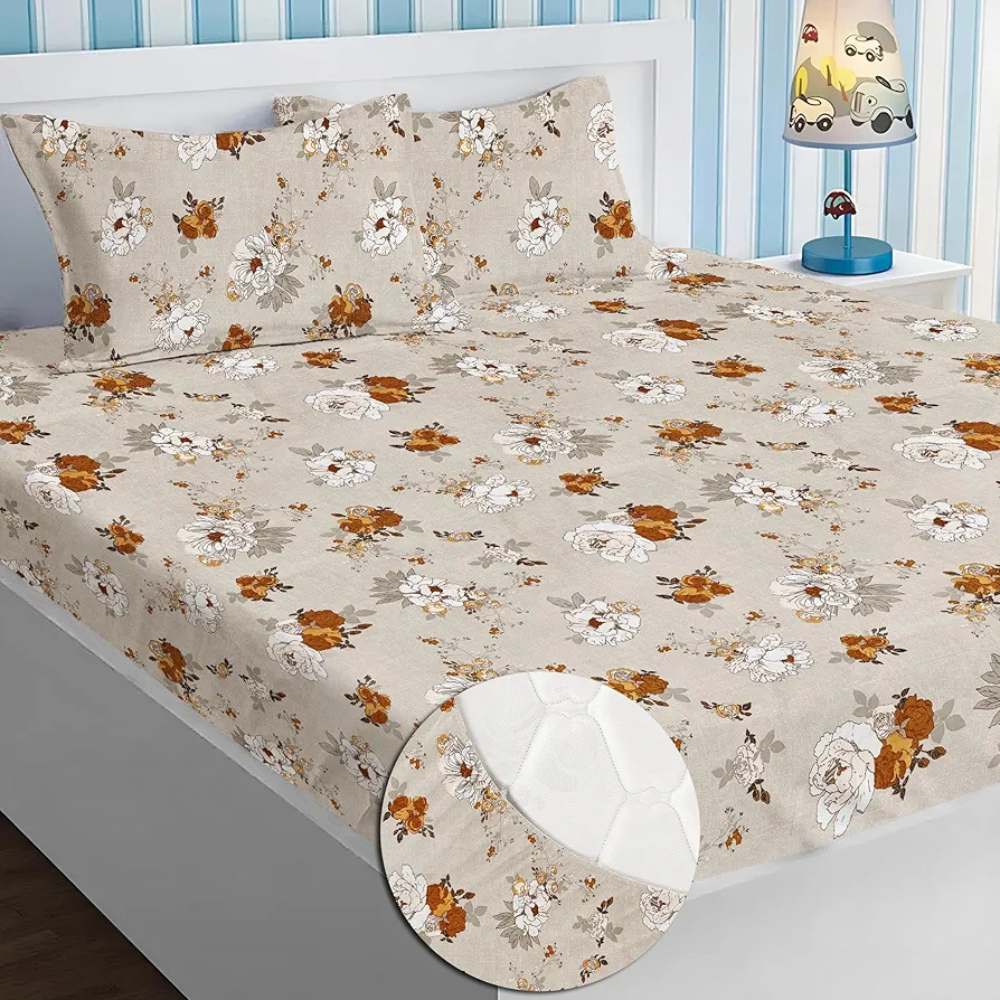 Homekart Premium Cotton Elastic Fitted Bedsheets with 2 King Size Pillow Covers Double Bed Flower Print Beige and Brown 200 tc - 220 tc