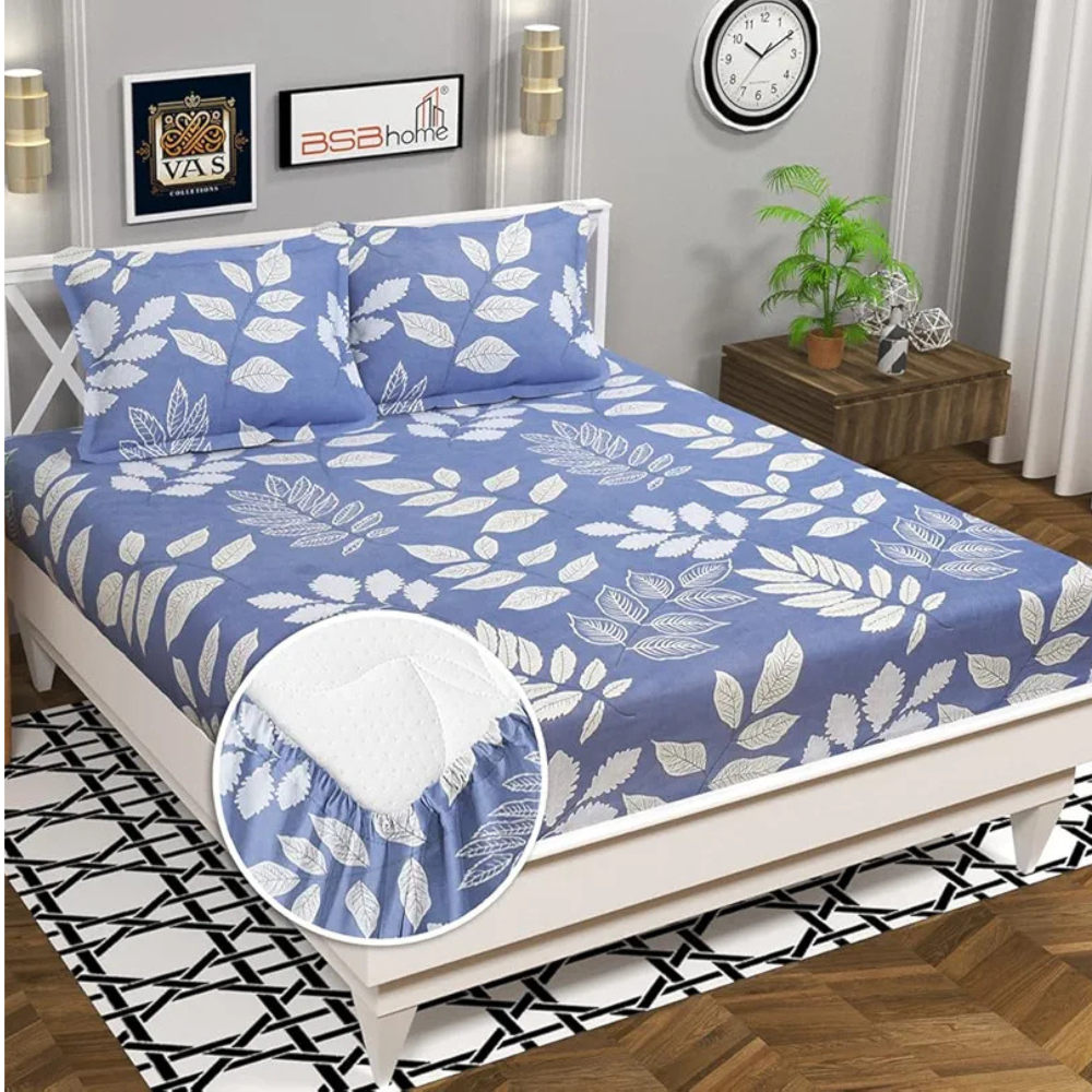Homekart Premium Cotton 160tc Elastic Fitted Bedsheets with 2 Pillow Covers Double Bed Sky Blue & White