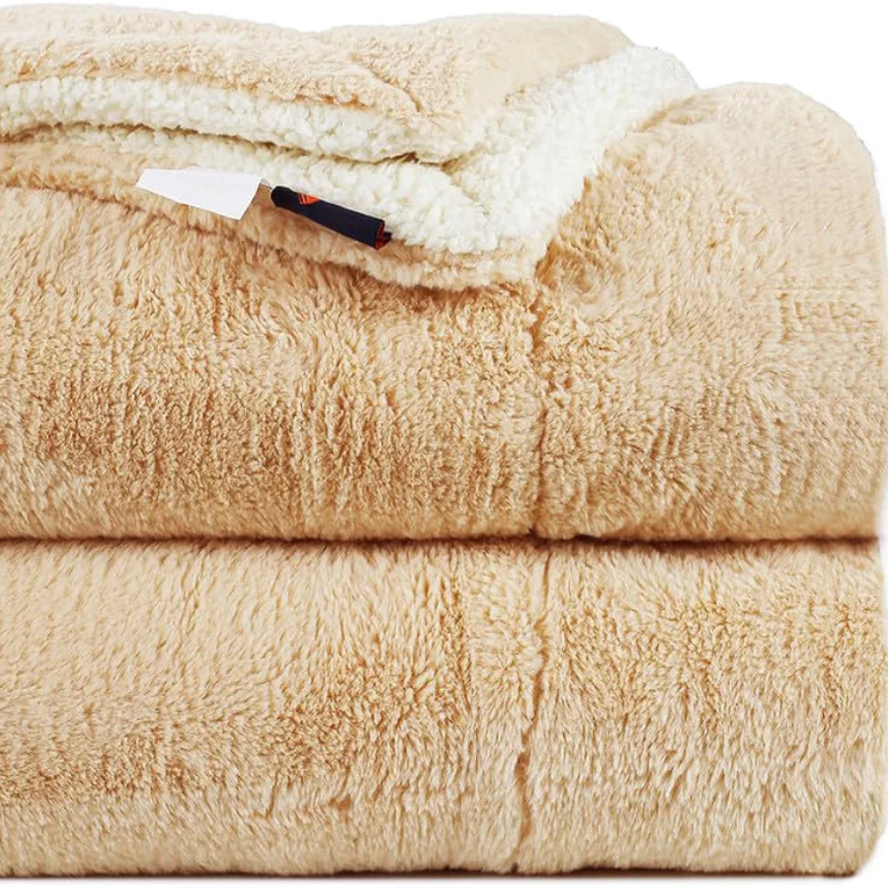 Homekart Faux Rabbit Fur with Sherpa Luxurious Soft Fluffy Cozy Fuzzy Warm Reversible Blanket for Single Size Bed Blanket Color Beige