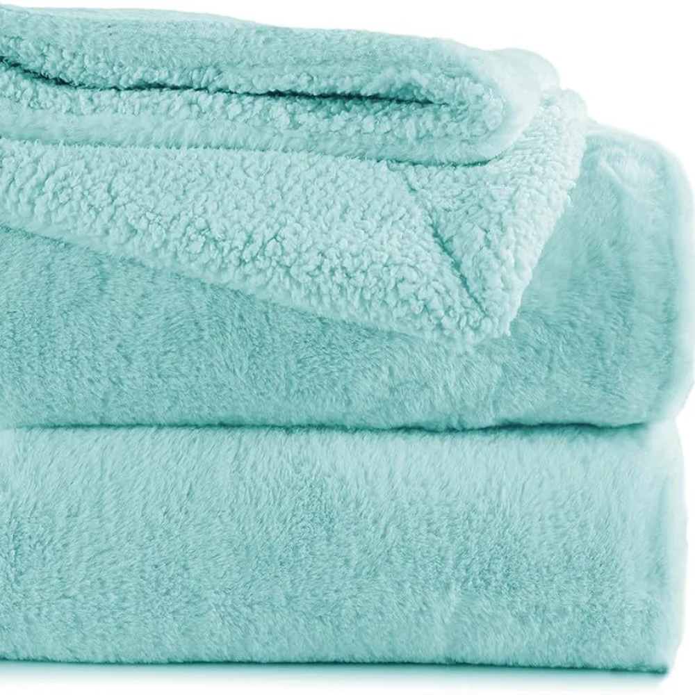 Homekart Faux Rabbit Fur with Sherpa Luxurious Soft Reversible Blanket for Single Size Bed 500GSM Blanket Color- Aqua