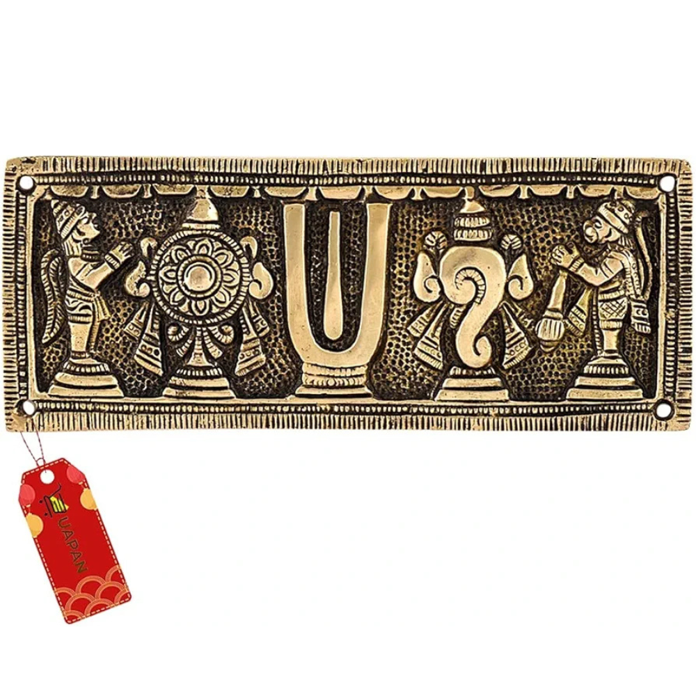 Uapan Brass Tirupati Balaji shankh Chakra Namah Plate Pure Brass Gold Plated Big Version for Wall & Door