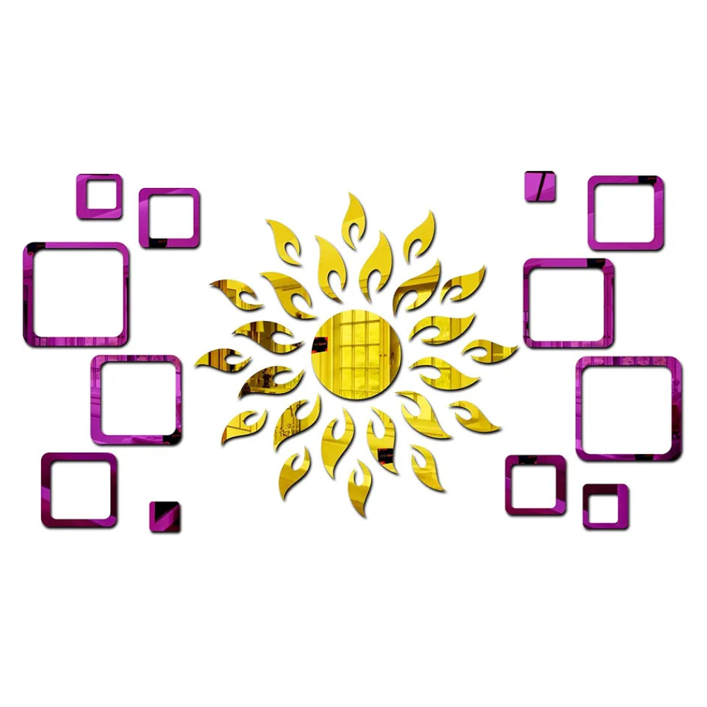 Bikri Kendra Ind Sun Golden with 12 Square Purple Mirror Stickers for Wall Decor Sticker Wall Mirror