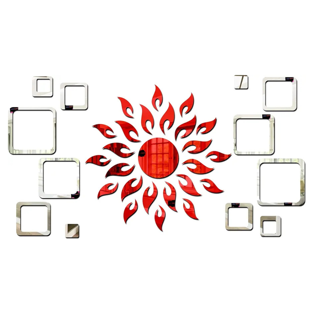 Bikri Kendra Ind Sun Red with 12 Square Silver Mirror Stickers for Wall Decor Sticker