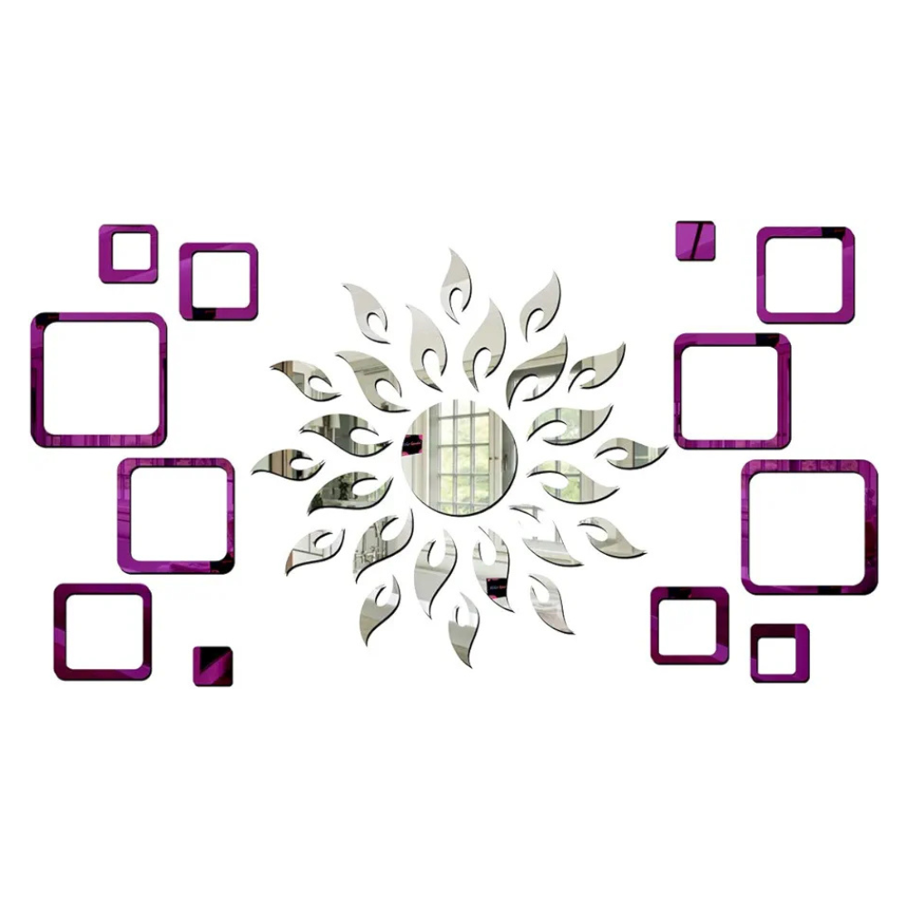 Bikri Kendra Ind Sun Silver with 12 Square Purple Mirror Stickers for Wall Decor Stickers Acrylic