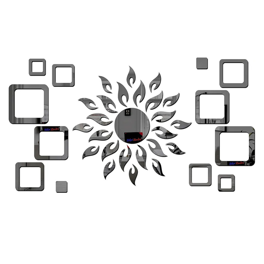 Bikri Kendra Art BK78, Sun Black with Square Black 2 Set 3D Acrylic Mirror Stickers for Wall