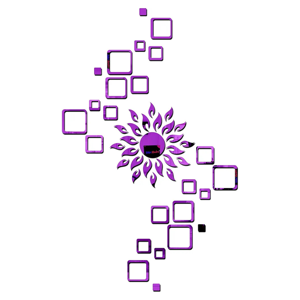 Bikri Kendra Glass Art Bk116, Sun Purple With Square Purple 4 Set 3D Acrylic Mirror Stickers For Wall