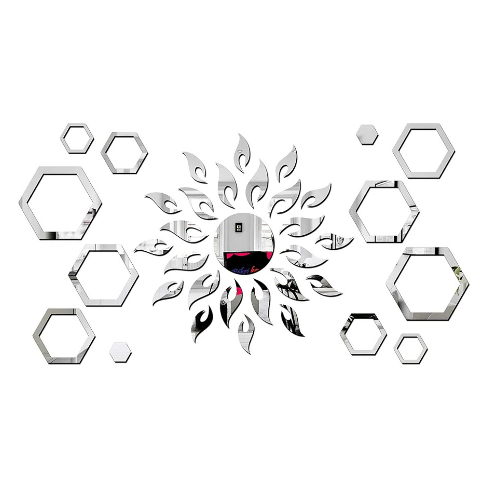 Bikri Kendra Art BK71 Sun with Hexagon Ring 2 Set - 3D Acrylic Mirror Stickers for Wall Silver