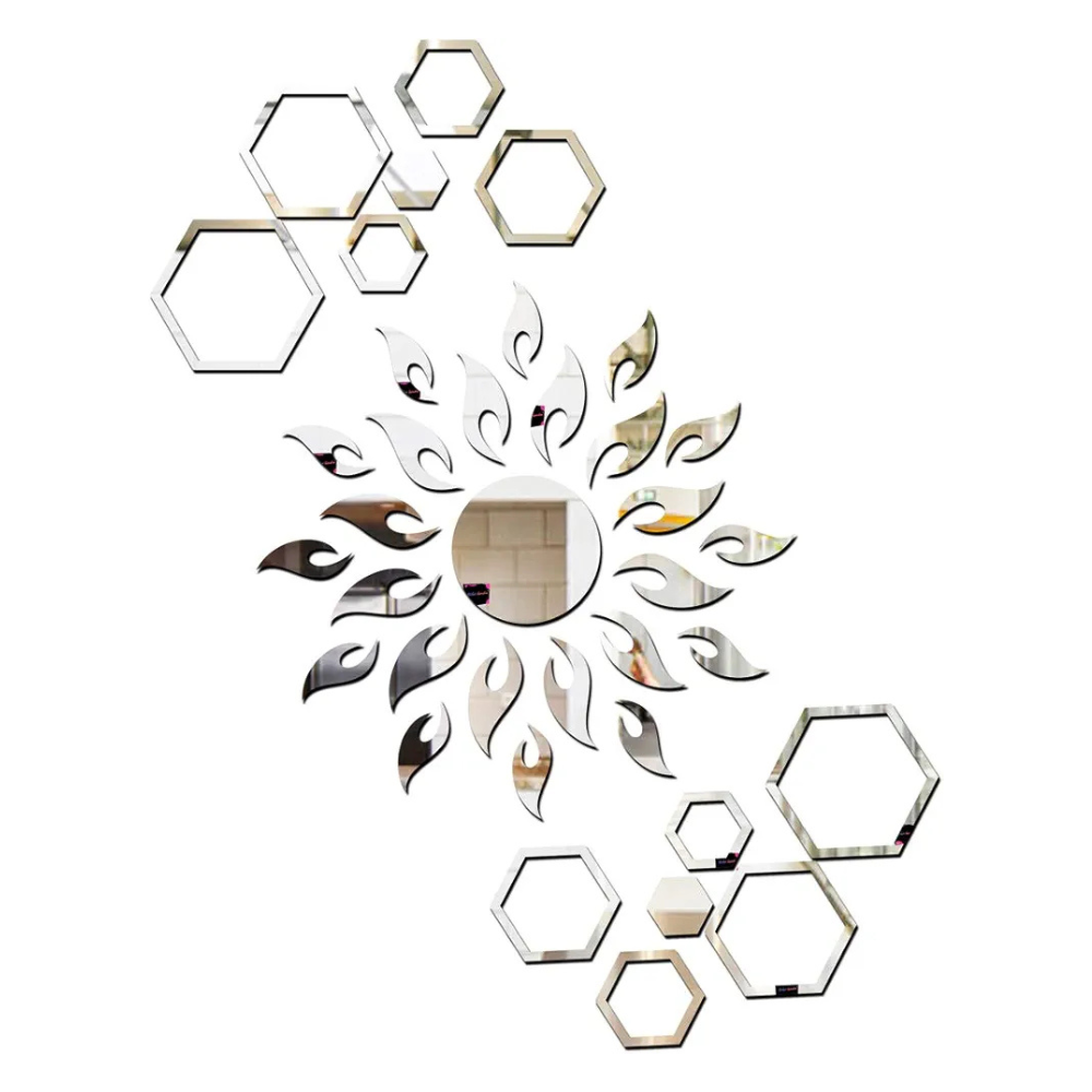 Bikri Kendra Ind Sun with 12 Hexagon Rings Silver Mirror Stickers for Wall Acrylic Sticker for Wall