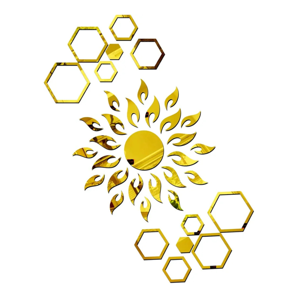 Bikri Kendra Ind Sun with 12 Hexagon Rings  Mirror Stickers for Wall Acrylic Sticker for Wall