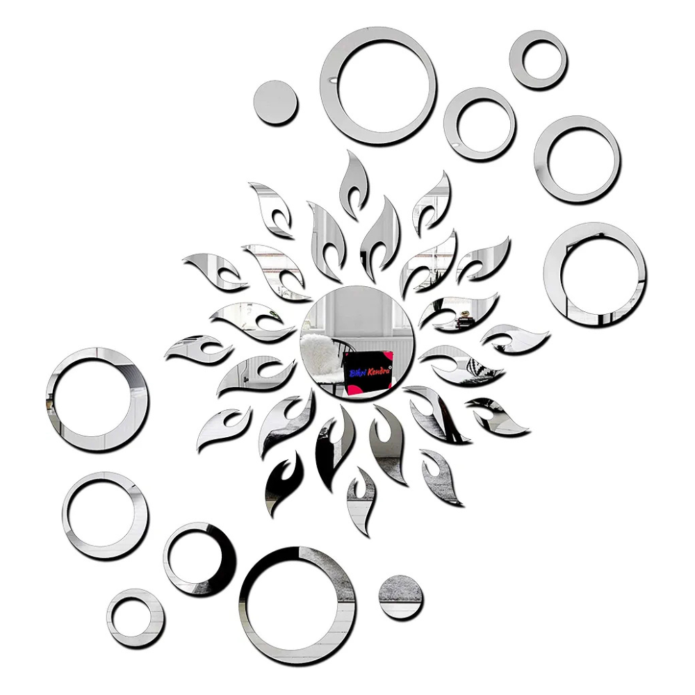 Bikri Kendra Sun with Rings 12-3D Acrylic Mirror Wall Stickers Premium Collection Silver