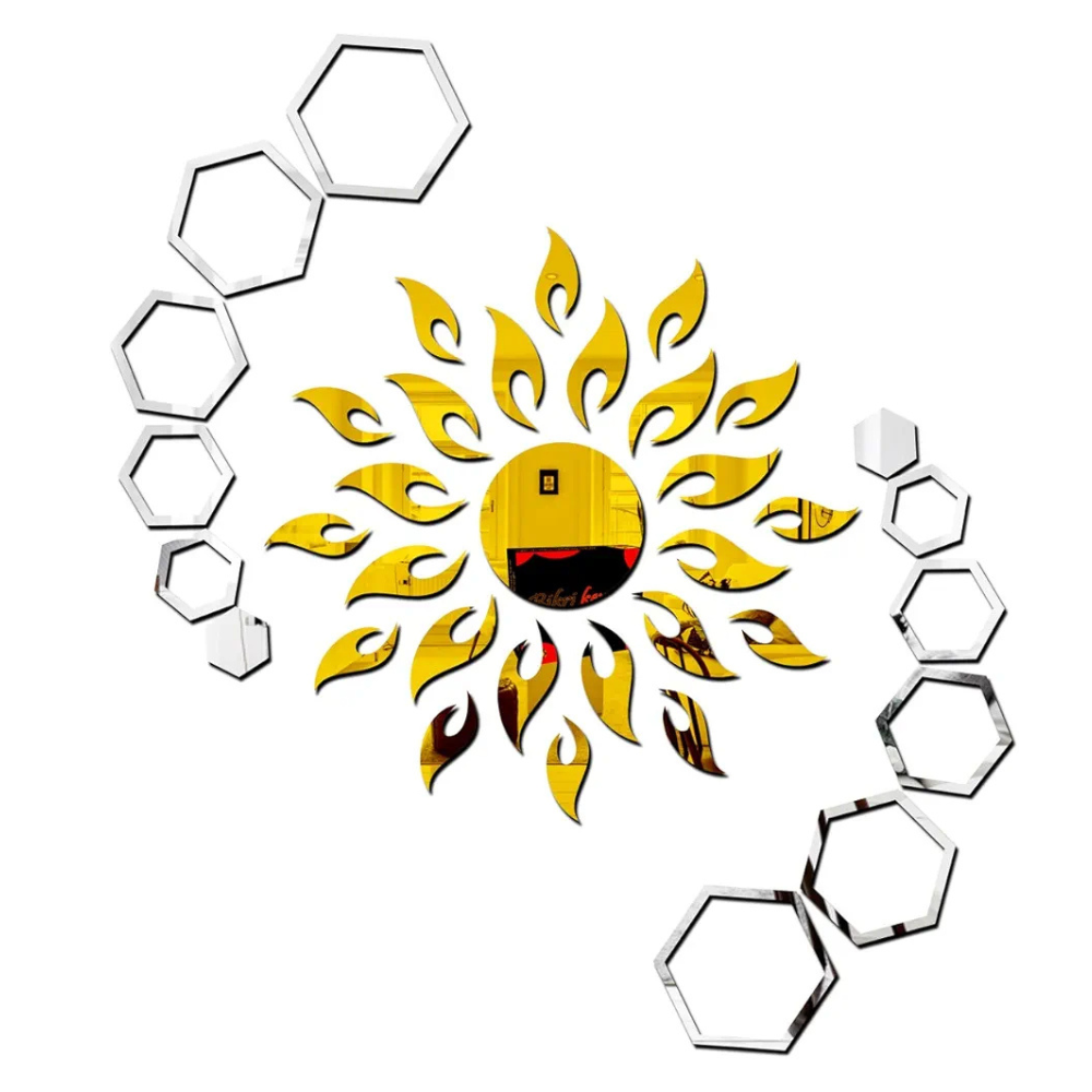 Bikri Kendra Art BK91 Sun with Hexagon Ring 2 Set 3D Acrylic Mirror Stickers for Wall