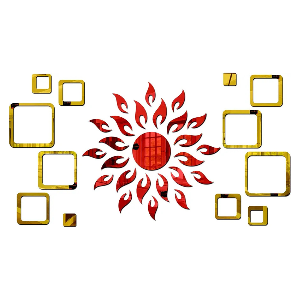 Bikri Kendra Ind Sun red with 12 Square Golden Mirror Stickers for Wall Decor