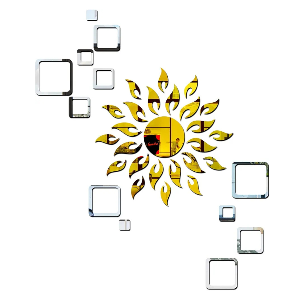 Bikri Kendra Sun Golden with Square 2 Set Silver Decorative Mirror Stickers for Wall 3D Acrylic
