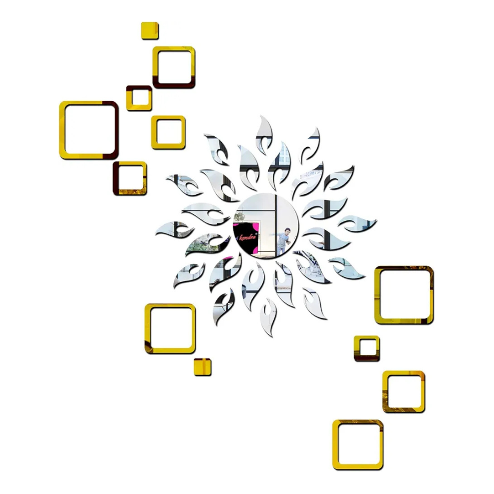 Bikri Kendra Sun Silver with 12 Square Golden 3D Mirror Wall Stickers