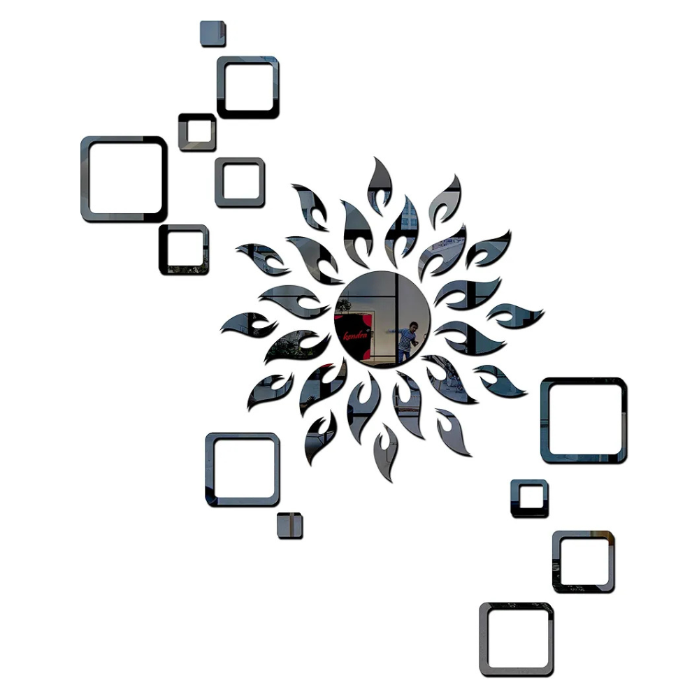 Bikri Kendra Art BK76, Sun with Square 2 Set - 3D Acrylic Wall Mount Mirror Stickers Black