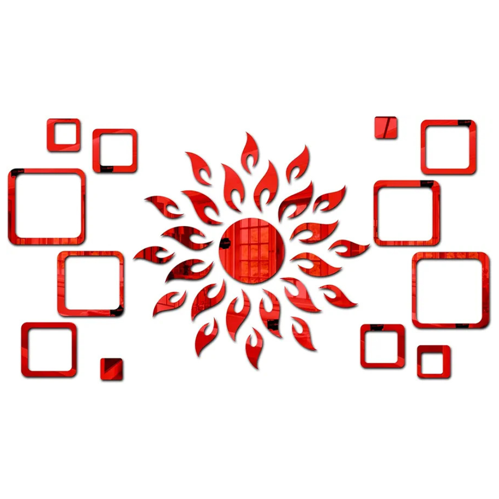Bikri Kendra Ind Sun with 12 Square red Mirror Stickers for Wall Wall Decor Sticker