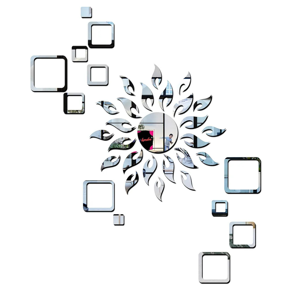 Bikri Kendra ARTBK132, Sun Silver Square Silver 2 Set Decorative Mirror Stickers 3D Acrylic