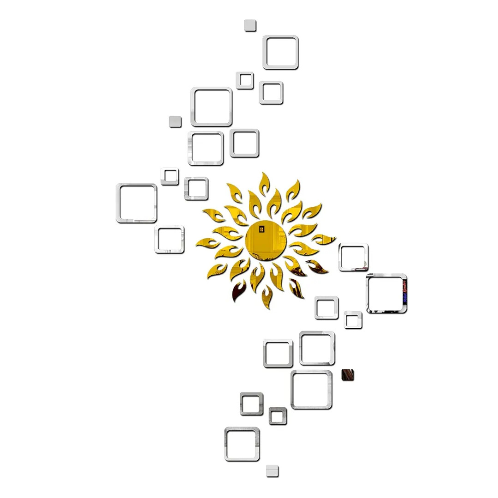Bikri Kendra Sun Golden with 24 Square 3D Mirror Acrylic Wall Stickers