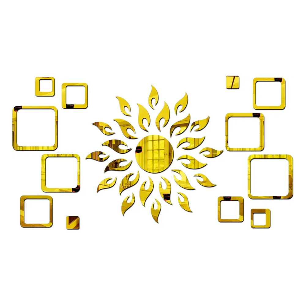Bikri Kendra Sun Golden with 2 Set Square Golden Decorative Mirror Stickers for Wall 3D Acrylic Stickers
