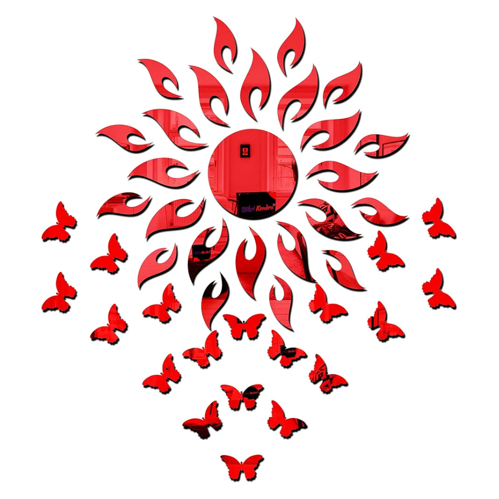 Bikri Kendra Sun red with 20 red Butterfly Wall Mirror Stickers 3D Acrylic Sticker