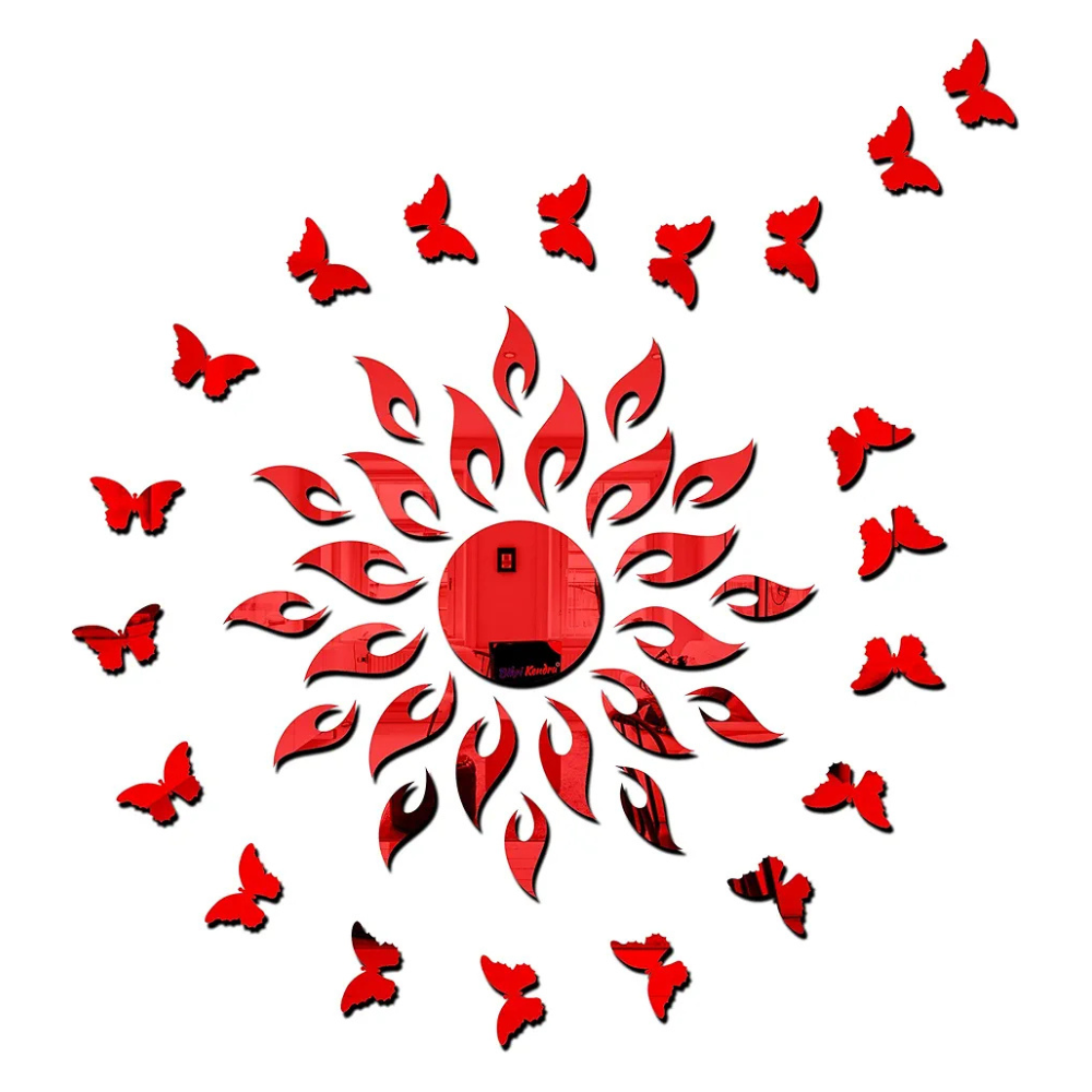 Bikri Kendra Art BK162, Sun red with 20 red Butterfly - 3D Acrylic Mirror Stickers for Wall