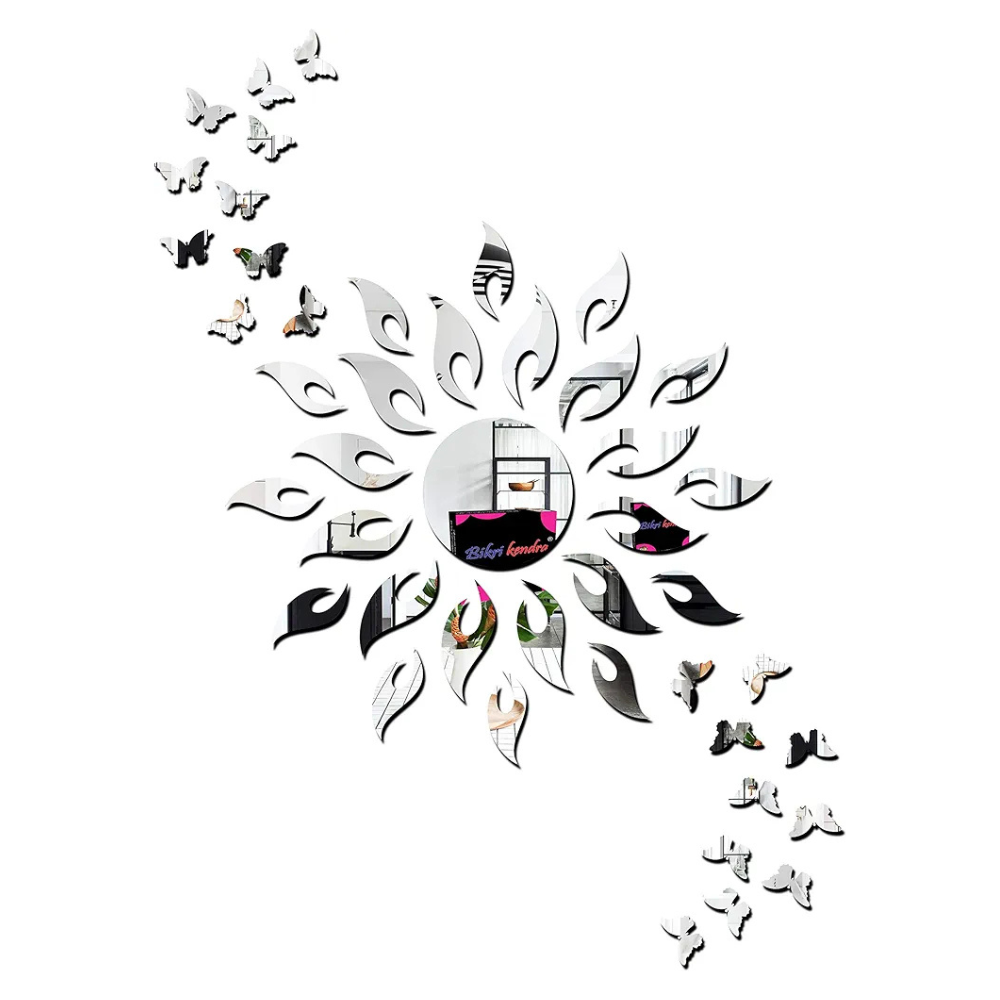 Bikri Kendra Art BK68 Sun Silver with Butterfly Silver 20-3D Acrylic Mirror Stickers for Wall