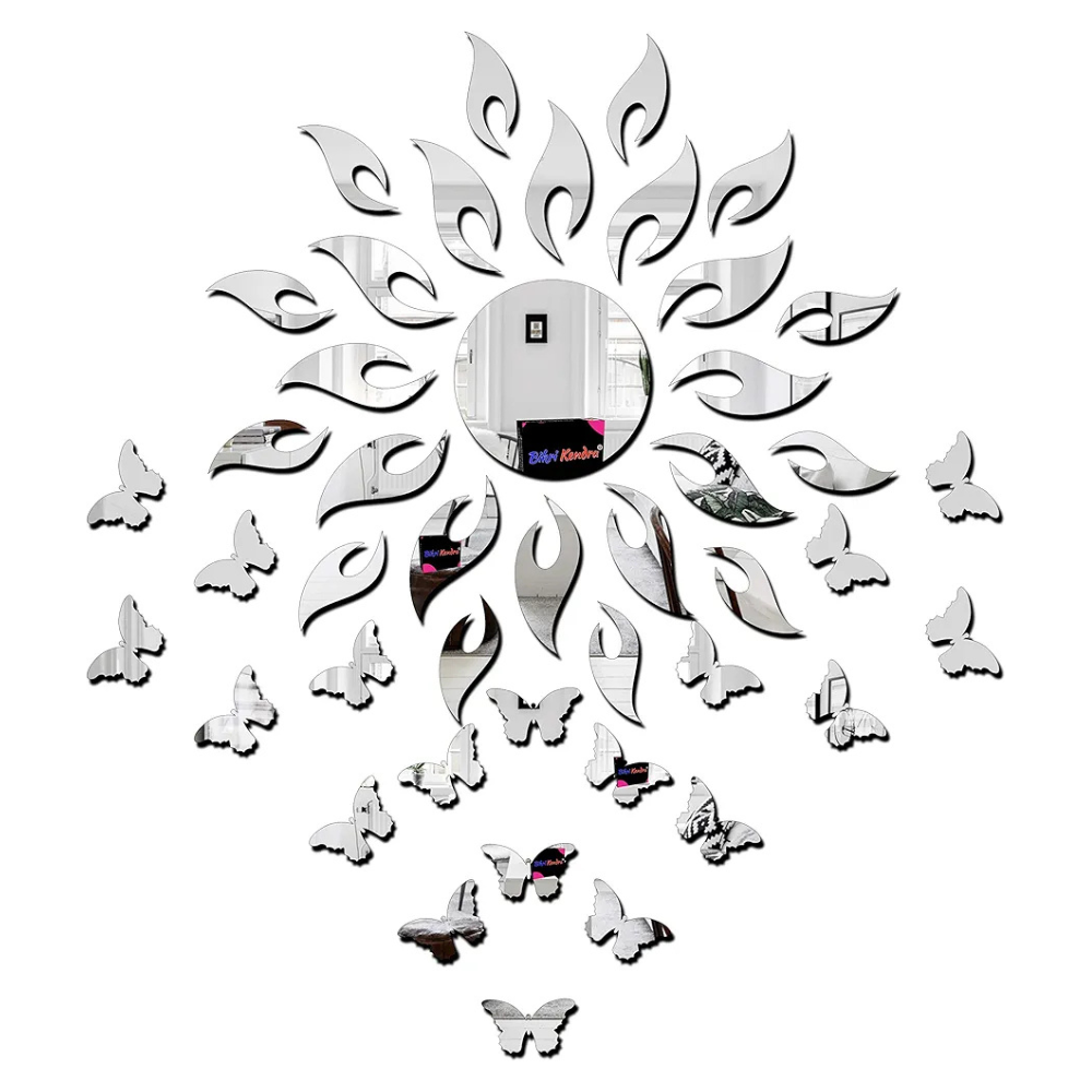 Bikri Kendra Art BK64 Sun Silver with Butterfly Silver 20-3D Acrylic Mirror Stickers for Wall