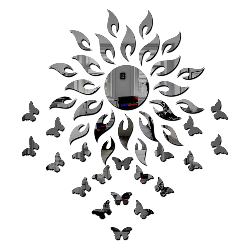 Bikri Kendra Sun Black with 20 Black Butterfly Wall Mirror Stickers 3D Acrylic Sticker