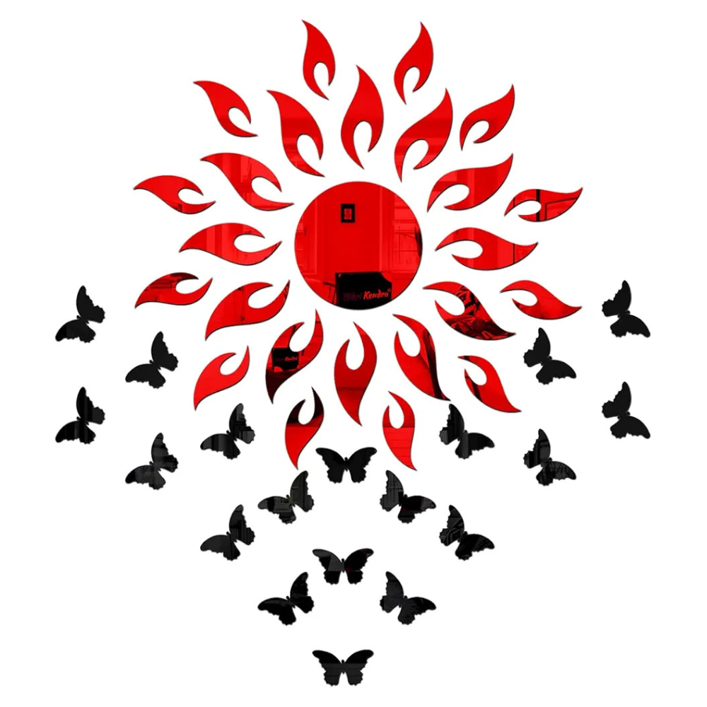 Bikri Kendra Sun Red with 20 Black Butterfly 3D Acrylic Mirror Stickers for Wall