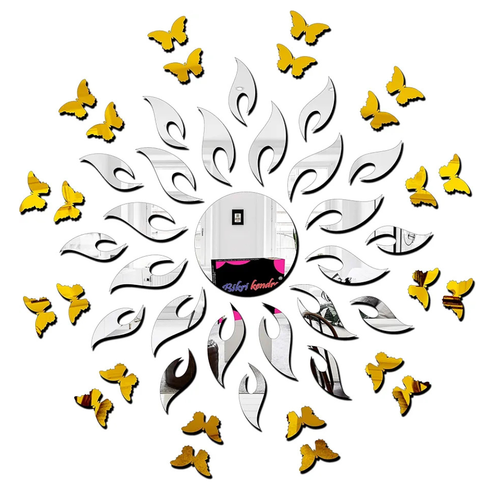Bikri Kendra Art BK1OLK Sun Silver with 20 Butterfly Golden 3D Acrylic Mirror Wall Sticker