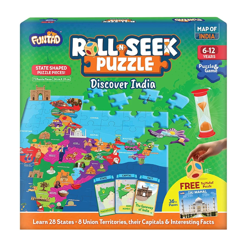 Funtad Roll N Seek India Map Educational Board Game & Puzzle Learn Indian Sate Capital and Interesting Facts State Shaped Puzzle for Boys & Girls Age 6-12 yrs