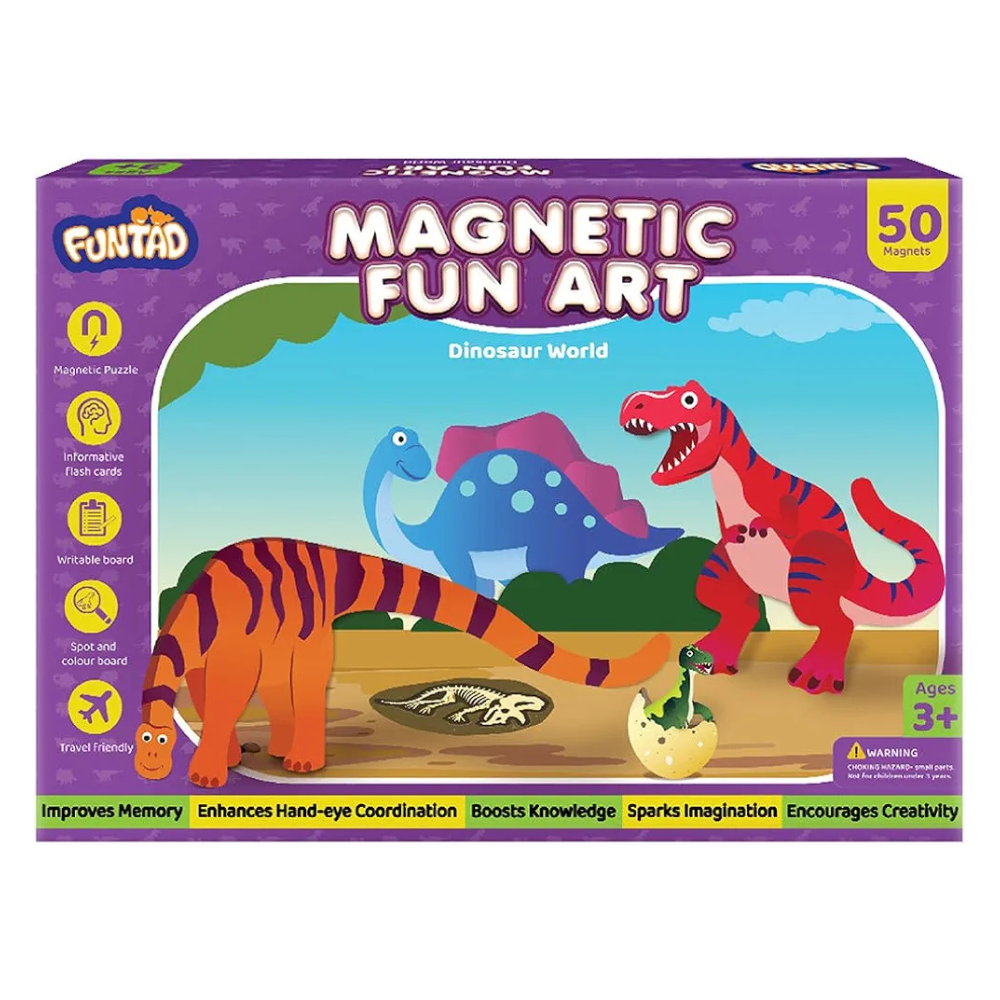 Funtad Magnetic Fun Art Puzzle Dinosaur 4-in-1 Travel Friendly Educational Toy with Writable Board 50 Magnetic Pieces with for Boys & Girls Age 3,4,5 & 6 yrs