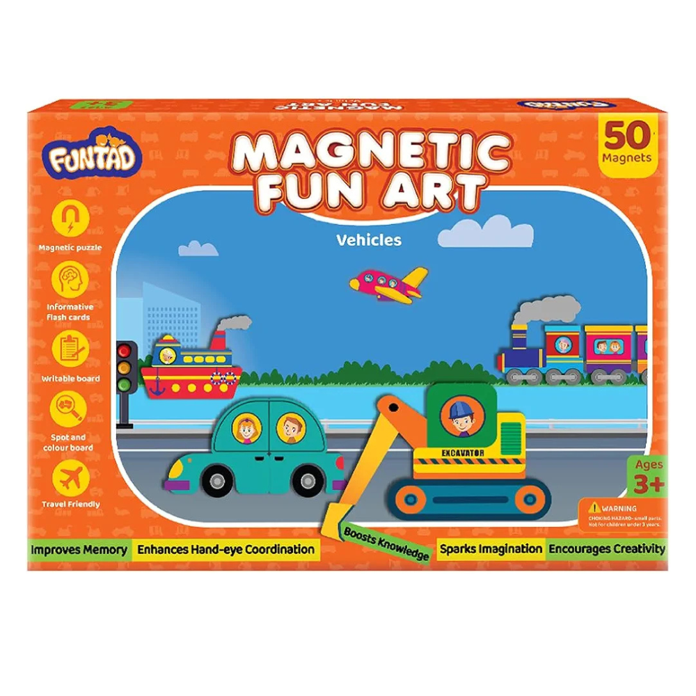 Funtad Magnetic Fun Art Puzzle Vehicles 4-in-1 Travel Friendly Educational Toy with Writable Board 50 Magnetic Pieces with for Boys & Girls Age 3,4,5 & 6 yrs
