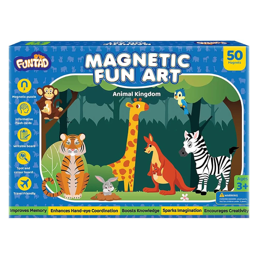 Funtad Magnetic Fun Art Puzzle Animals 4-in-1 Travel Friendly Educational Toy with Writable Board 50 Magnetic Pieces Birthday Gift for Boys & Girls Age 3,4,5 & 6 yrs