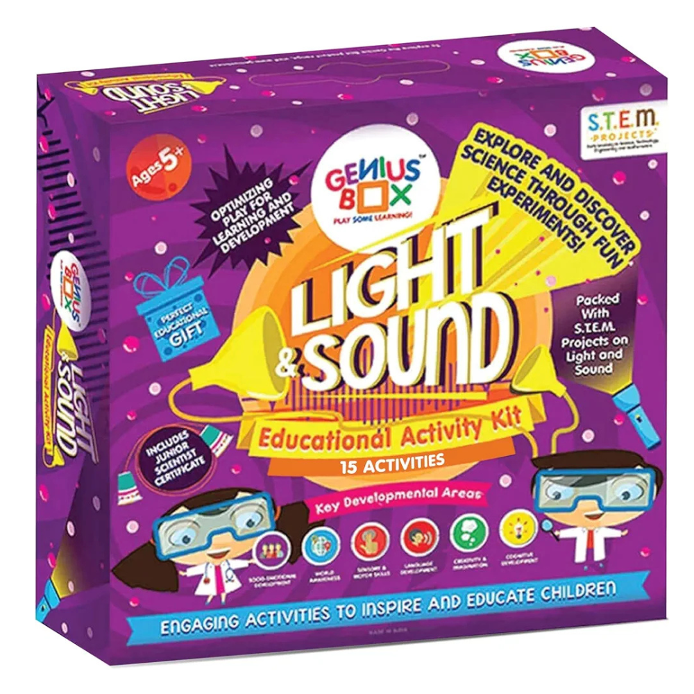 Genius Box Play some Learning STEM Toy for 5+ Year Age: Light and Sound DIY,Activity Kit, Learning Kit, Educational Kit,Multicolor, Wood;Paper 15 Activity Kit