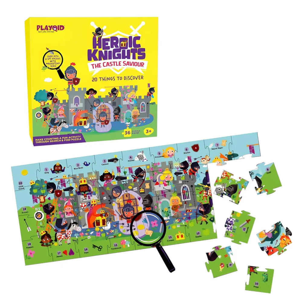Playqid Learn to Count Numbers 1-20 Knights & Dragons Jigsaw Floor Puzzle for Kids Age 2-5 Years Fairytale Princess Castle Hidden Pictures