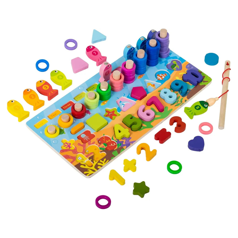 Wishkey Wooden 6 in 1 Multifunctional Learning Board Puzzle, Numbers, Shapes, Fishing Game, Stacking, Montessori Game Educational Toys