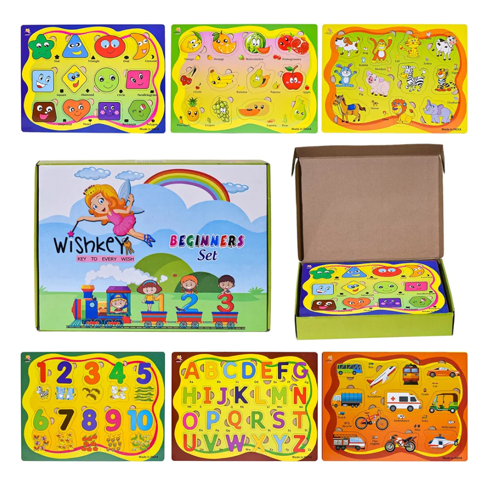 Wishkey Wooden Educational Colorful Fruits,Animal,Number,Geomatric Shape,Vehicle,Alphabet Set of 6 Board Puzzle