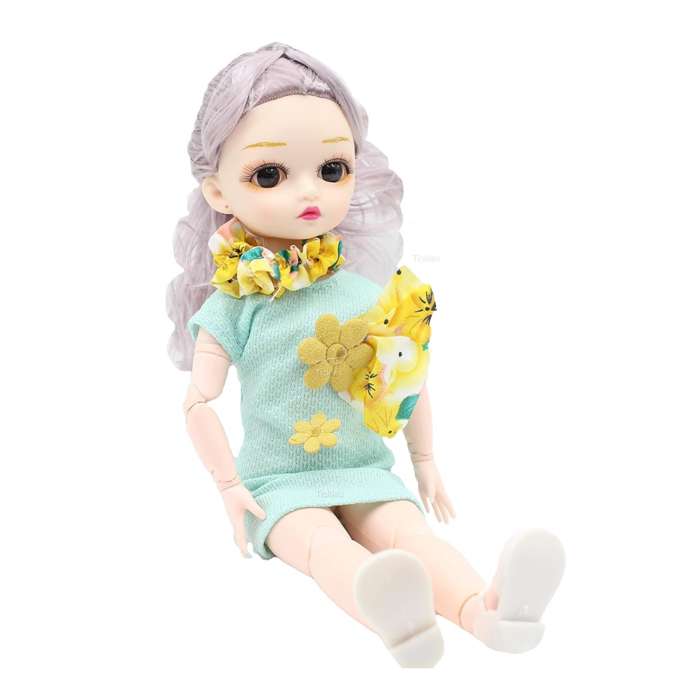Tickles Movable Joints Cute Beautiful Eyes Fashionable Flower Frock Dress Doll for Kids 30 cm Color Green