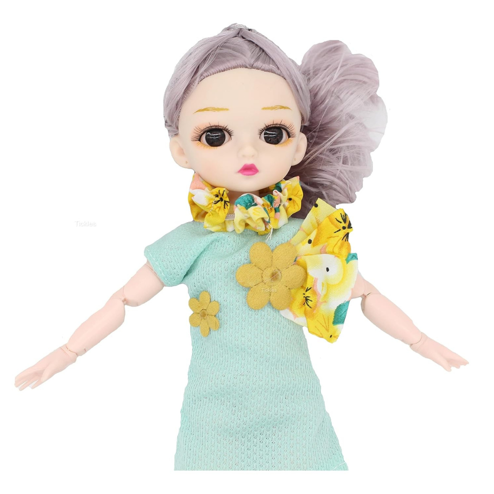 Tickles Movable Joints Cute Beautiful Eyes Fashionable Flower Frock Dress Doll for Kids 30 cm Color Green