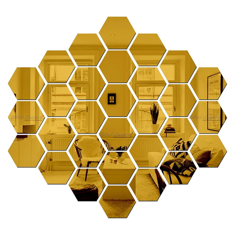 Bikri Kendra Glass Hexagon 30 Golden Mirror Stickers for Wall Decor Acrylic Mirror Acrylic